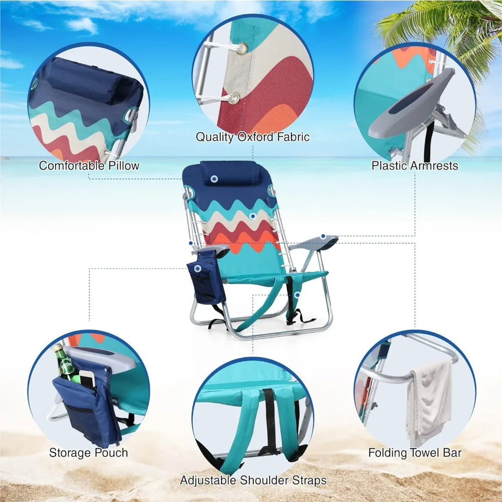 Backpack Beach Chair Set of 2 4-Position Classic Lay Flat Pillow and Padded Shoulder Straps Storage Pouch and Towel Bar