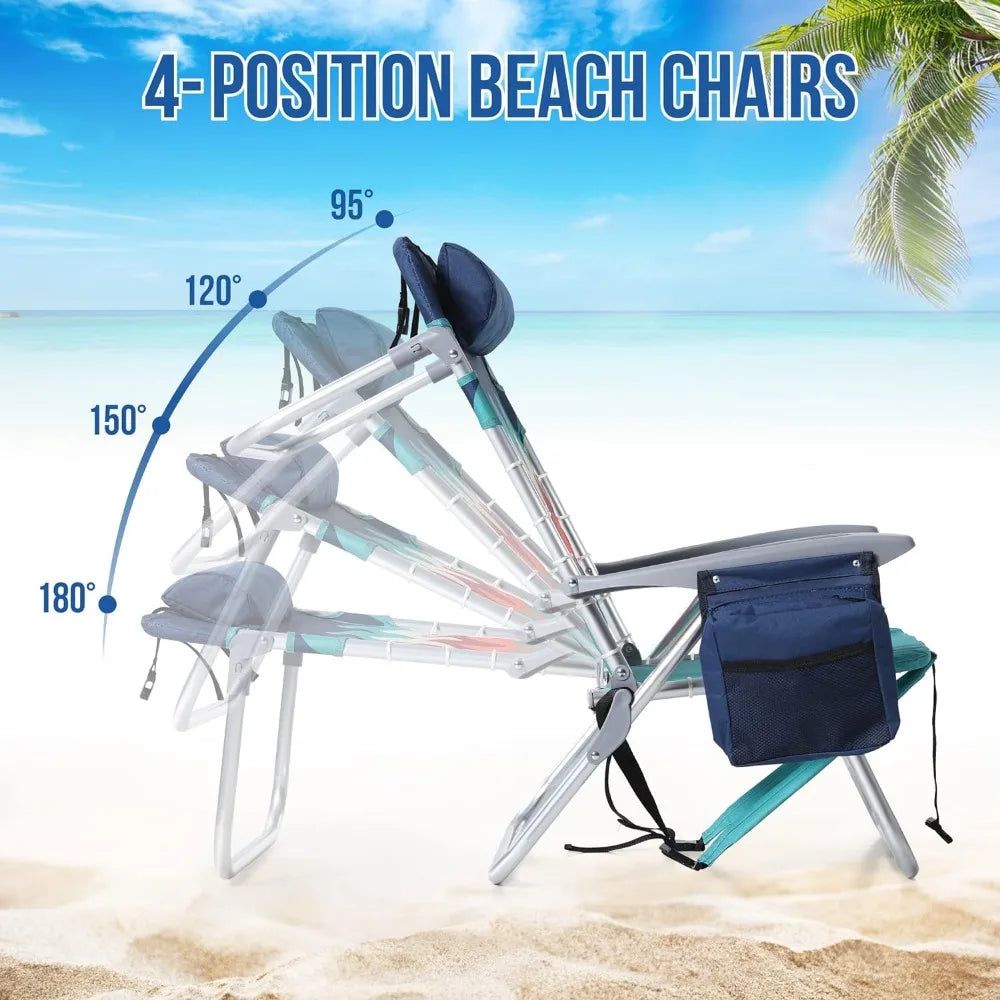 Backpack Beach Chair Set of 2 4-Position Classic Lay Flat Pillow and Padded Shoulder Straps Storage Pouch and Towel Bar